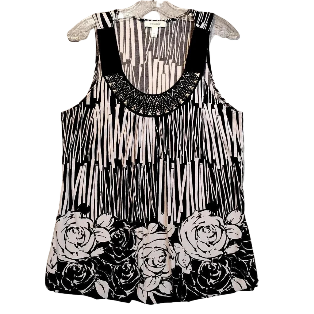 Dress Barn Women's Sleeveless Black And White Roses Jeweled Tank Top Size XL